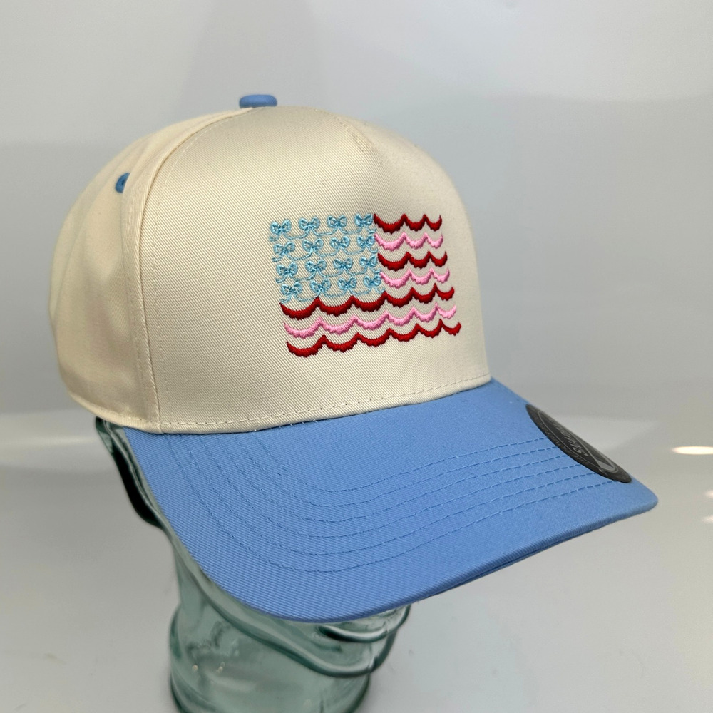 The Preppy Patriot Trucker Hat Snapback Women's O/S Scallop & Bows American Flag